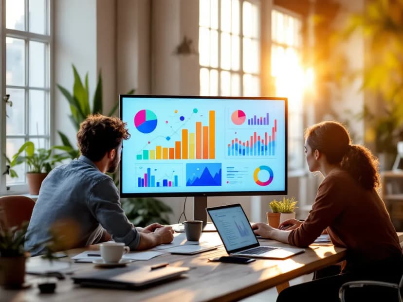 Equipa de uma agência a analisar gráficos num monitor